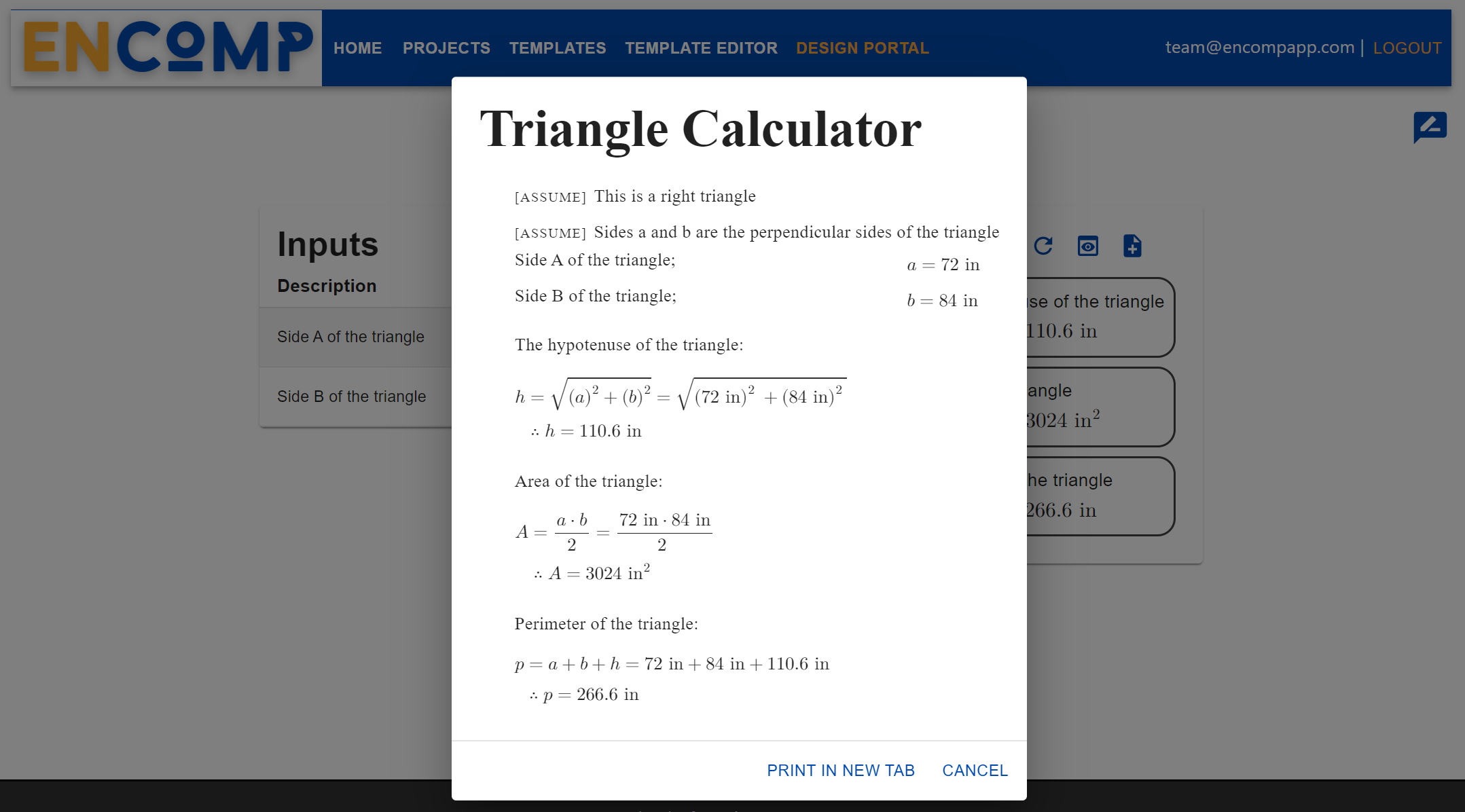 Design portal with calculation report preview