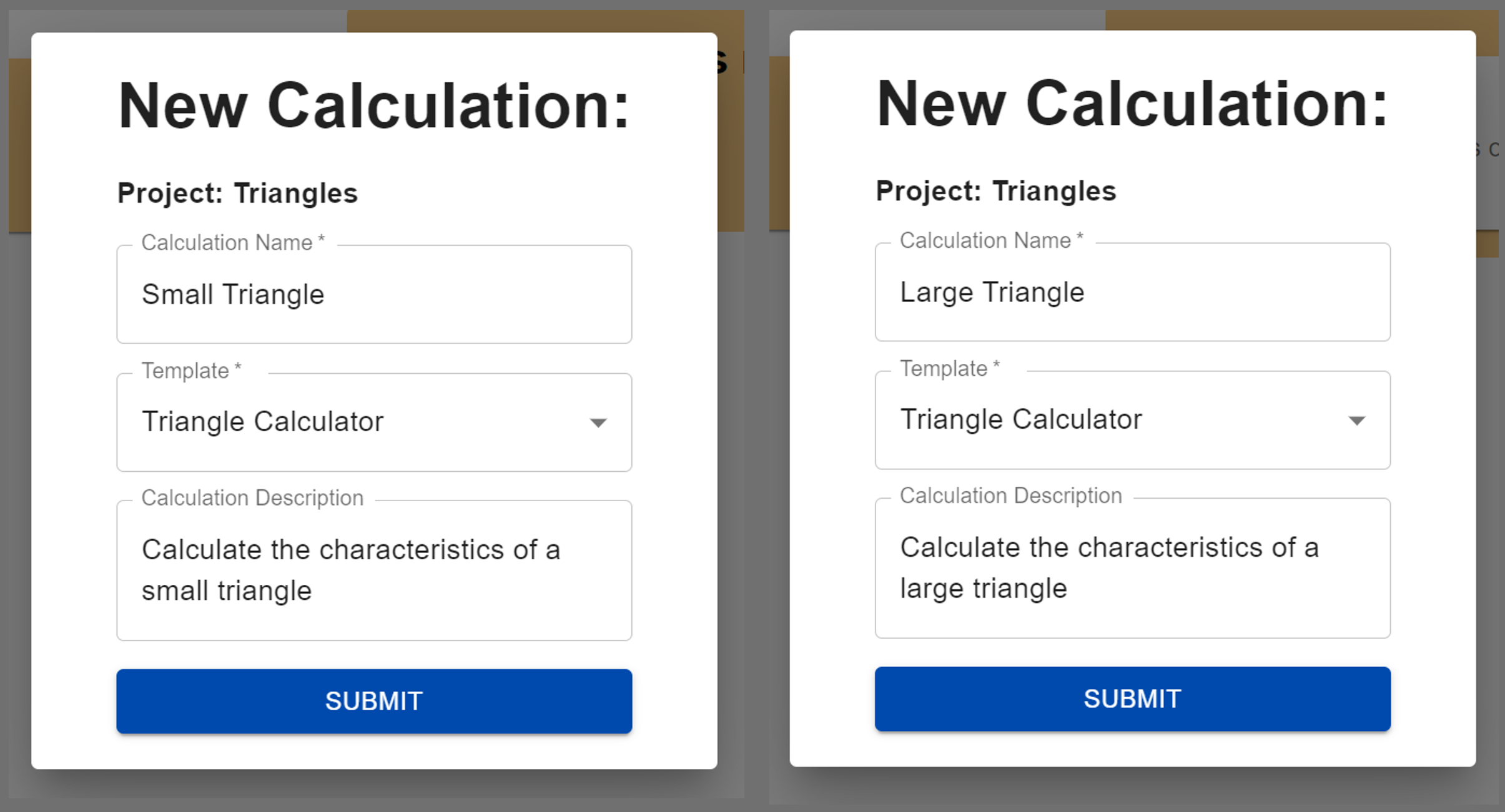 New calculation form filled out for big and small triangle