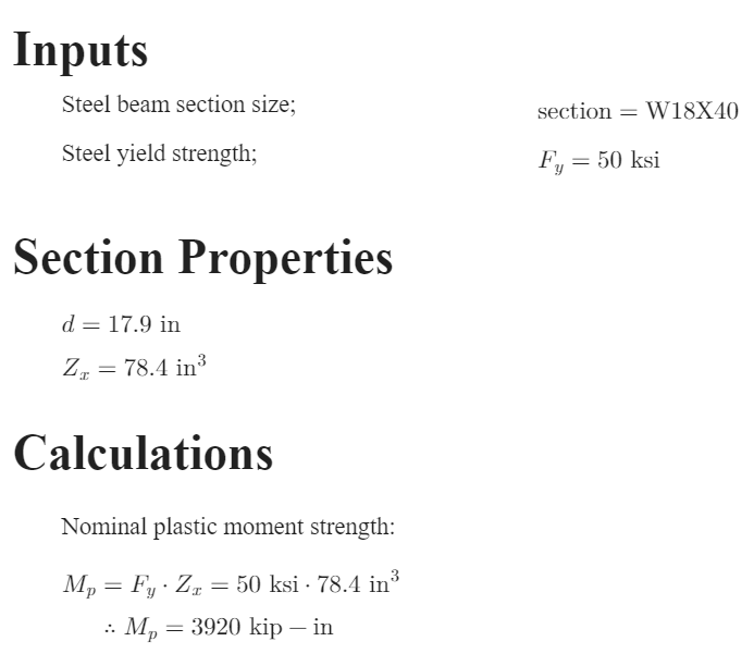 Calculation report with section size