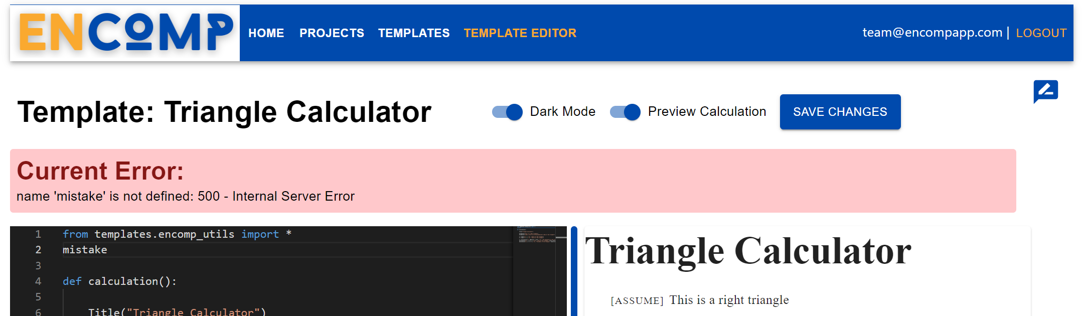 Template content editor page with an error